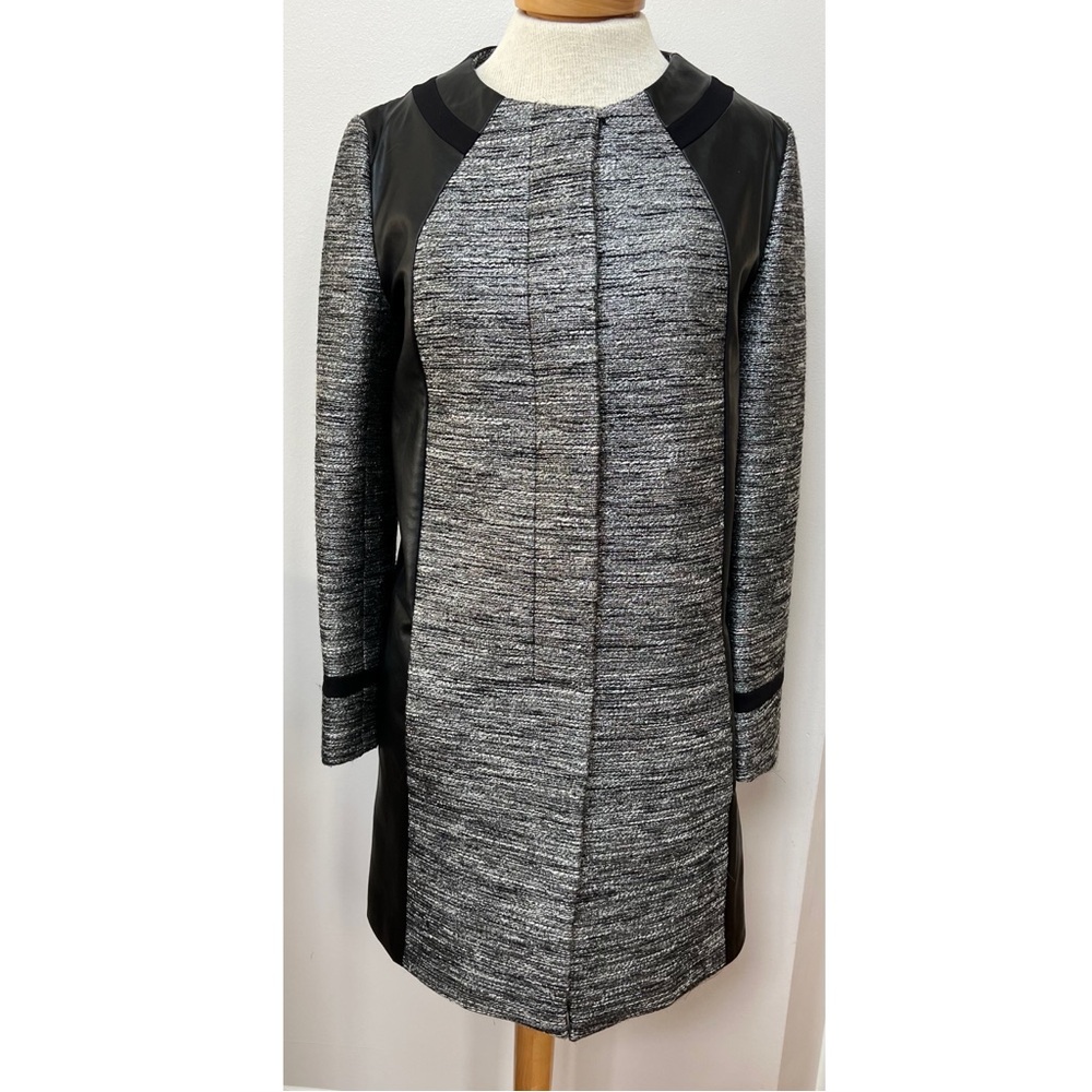 Roman Tweed Coat Faux Leather Panel Jacket Black Gray Textured Longline Womens M